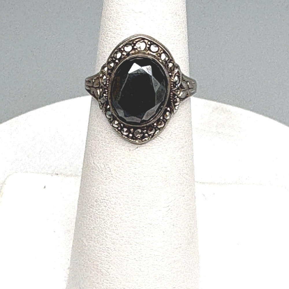 Vintage Sterling Silver Ring 925 Size 5.25 Hematite CZ Pretty Victorian Revival